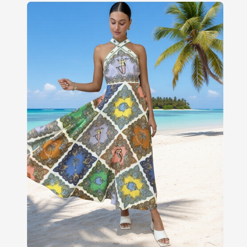 WOMENS MERMAID PATTERN MIDI MAXI HALTER DRESS XL